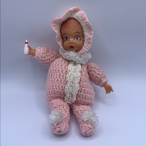 Vintage Pink White Crochet Baby Doll Plastic Face Hands Bottle